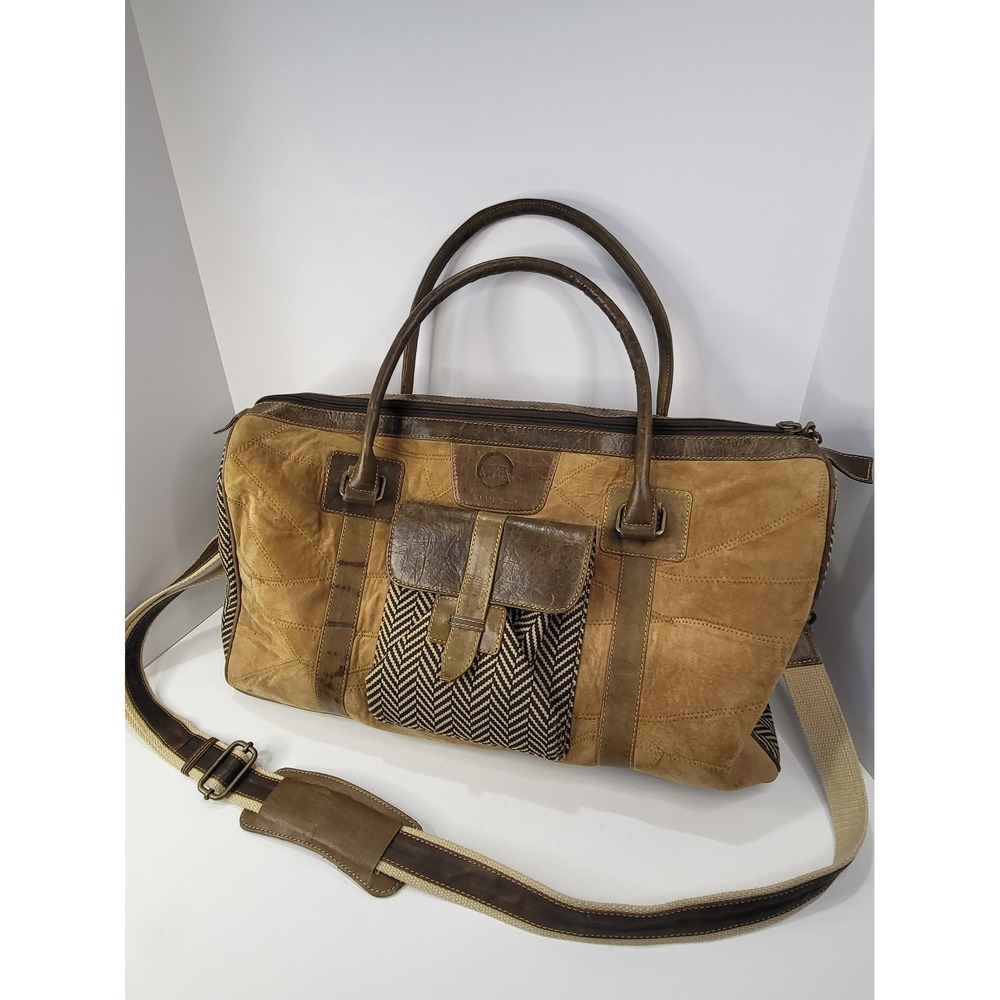 Vaan & Co Upcycled Leather Suede Duffle Bag Brown Chevron Weekender Travel Bag